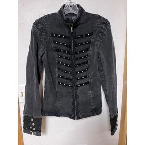 Tripp NYC Womens Black Denim Military Gothic Jacket Studded Velvet Lace Up M